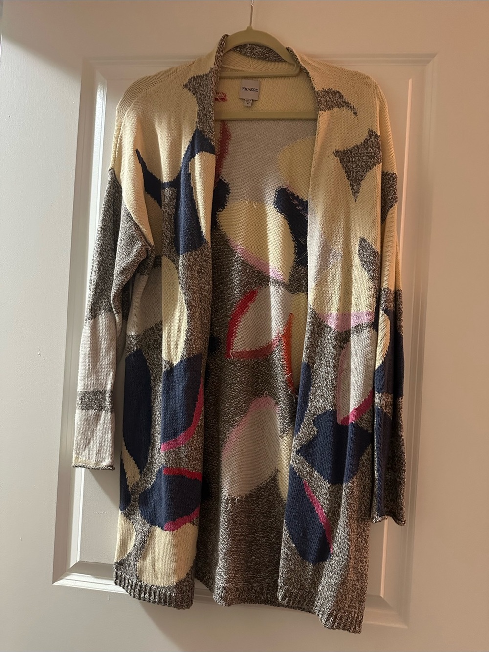 NIC+ZOE Abstract Open-Front Cardigan in Cream, Navy, Gray & Pink